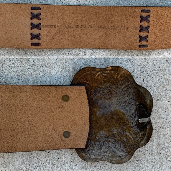 Chicos Leather Statement Belt Tooled Multicolor Floral Boho Hippy Wide Womens  M - Picture 10 of 15